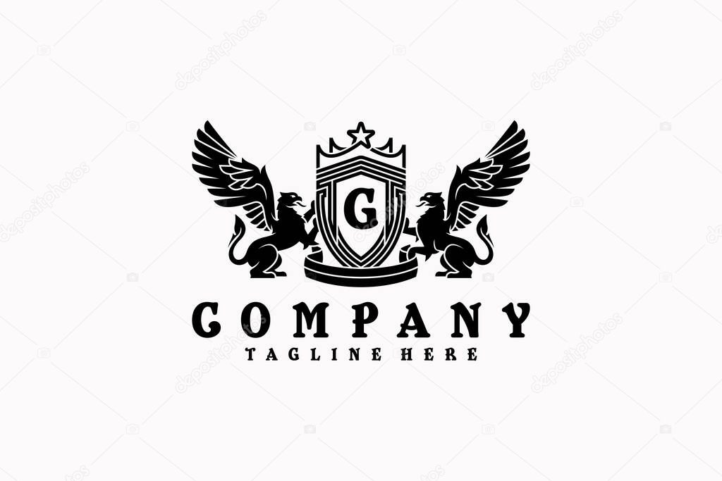 Vector design of two modern classic heraldic griffin logo holding a shield symbol letter G