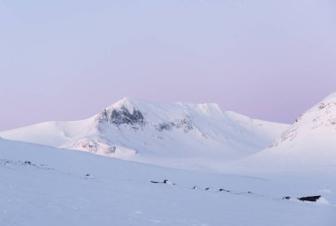 A purple dawn sky above white, snow-covered mountains in the Swedish backcountry