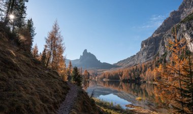 Lago Federa 'daki Dolomite Alplerinde Lakeside yolu. Sonbaharda kıyı boyunca uzanan altın karaçam ağaçları