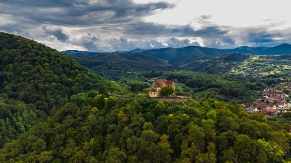 stock image Medieval castle on the mountain, drone photography, Romania, Transylvania, Cisnadioara