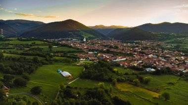 İnsansız hava aracı bakış açısıyla ormandaki köy, Romanya ve Transilvanya