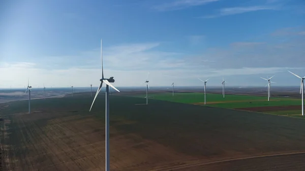 Wind Turbines Standing Field Drone Point View — Stock Photo, Image