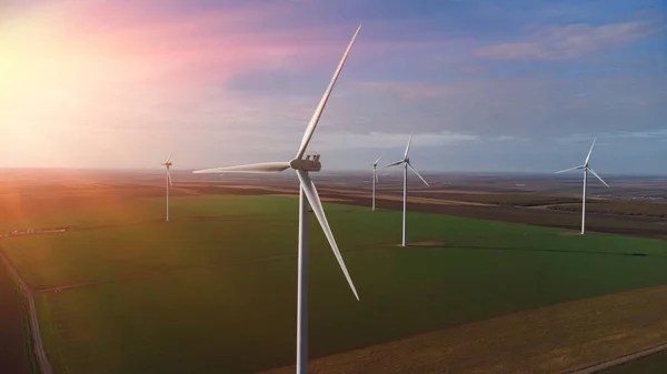 Wind Turbines Sunset Standing Field Drone Point View — Stock Photo, Image