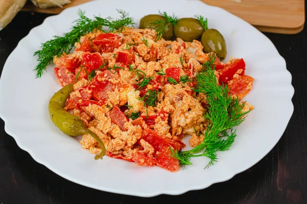 stock image Scrambled eggs and sandwiches breakfast options