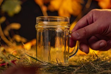 Sonbahar yapraklarının arka planında erkek eli ile bitki çayı.