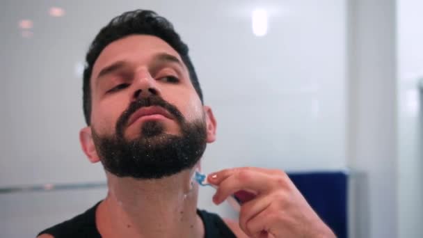 Man Shaving Bathroom Getting Ready Work — Stock Video