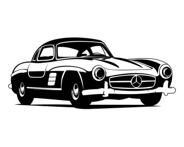 Eski Mercedes Benz arabası beyaz arka planda izole edilmiş. Rozet, amblem ve simge için en iyi yan manzara. vektör grafik tasarımı çizimi.