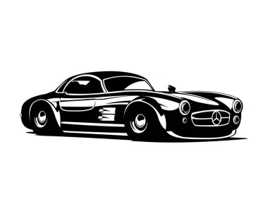 Beyaz arka planda izole edilmiş siyah Mercedes Benz 190L arabanın vektör çizimi rozetler, amblemler ve simgeler için en iyi yan görünüm.