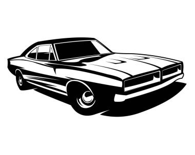 1970 'lerin eski Dodge Charger logosu silueti yandan beyaz arka plan görüntüsünü izole etti. Rozetler, amblemler, simgeler ve eski araba endüstrisi için en iyisi..
