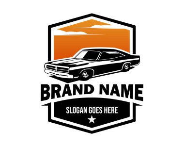  Dodge Car logosu, günbatımı gökyüzü manzaralı izole edilmiş beyaz arka plan. Rozet, amblem, simge, çıkartma tasarımı için en iyisi. n