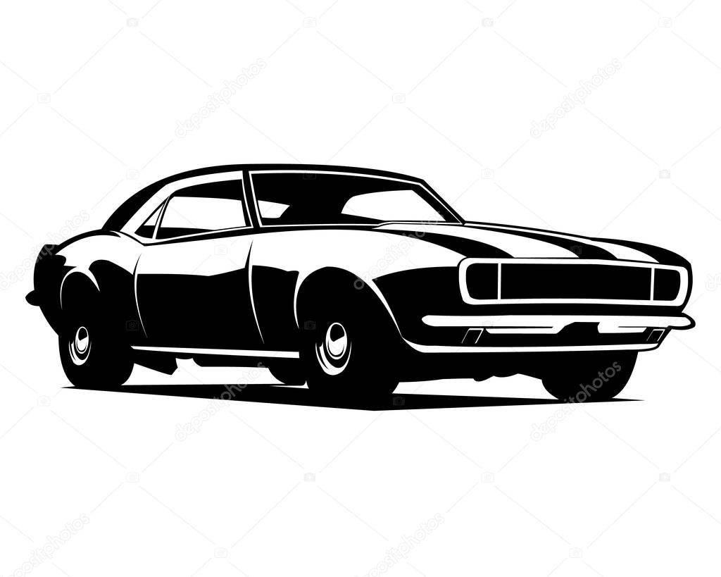 logo del coche chevrolet camaro 1970 vista silueta negro de fondo blanco  aislado lateral. mejor para la industria del automóvil. 2023