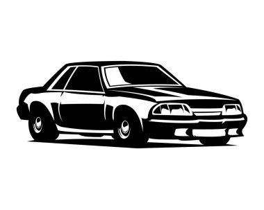 1990 Mustang silueti. Amerikan klasik spor arabası, 5.0 litre güçlü V8 motor kullanıyor. Ebedi simgeler araba tutkunlarını cezbeder. Rozetler, amblemler, logolar, otomobil endüstrisi için en iyisi..
