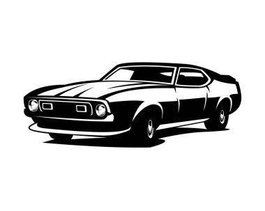 Ford Mustang Mach 1 arabası. Siluet vektör tasarımı beyaz arkaplanda izole edildi. Logo, rozet, amblem, simge, çıkartma tasarımı, araba endüstrisi için en iyisi. 10 OS içinde kullanılabilir.