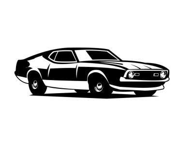 Ford Mustang mach 1 araba siluet vektörü beyaz arka planda izole edildi. Araba endüstrisi için en iyisi, rozet, amblem, simge, etiket tasarımı.