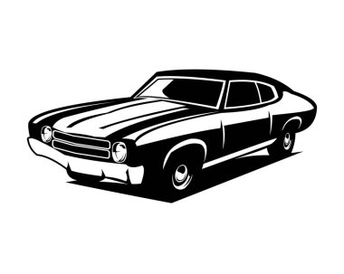 1970 Ford Mustang arabası. Silüet vektör tasarımı. yalıtılmış beyaz arkaplan görüntüsü. Logo, rozet, amblem, simge, çıkartma tasarımı, araba endüstrisi için en iyisi. kullanılabilir 10 kişi.