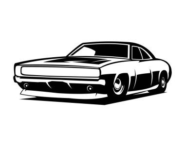 Dodge Challenger 1968 silueti. Önden izole edilmiş beyaz arkaplan görüntüsü. Premium basit siluet vektör tasarımı. Logo, rozet, amblem, simge, etiket tasarımı için en iyisi.