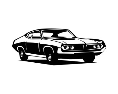 Ford Kobra Torino araba silueti. Yandan zarif bir şekilde görünün. Premium vektör tasarımı. İzole edilmiş beyaz arka plan. Logo, rozet, amblem, simge, etiket tasarımı için en iyisi. otomobil endüstrisi.