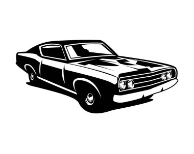 Ford Kobra Torino araba silueti. Yandan zarif bir şekilde görünün. Premium vektör tasarımı. İzole edilmiş beyaz arka plan. Logo, rozet, amblem, simge, etiket tasarımı için en iyisi. antika araba endüstrisi