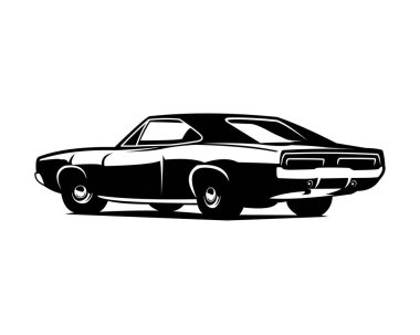 Dodge Charger 1970. Vektör silueti arkadan görülen beyaz arka planda izole edildi. Rozet, amblem, simge, çıkartma tasarımı, otomobil endüstrisi için en iyisi..
