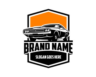 1969 model Dodge Super Bee arabasının vektör çizimi. Silüet vektör tasarımı. Akşam gökyüzü manzaralı bir yandan ortaya çık. Logo, rozet, amblem, simge, tasarım çıkartması, klasik araba tozları için en iyisi