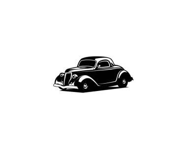 1932 Ford coupe. Silüet vektör tasarımı. Yandan gösterilen izole beyaz arkaplan. logo, rozet, amblem, simge, etiket tasarımı için en iyisi.