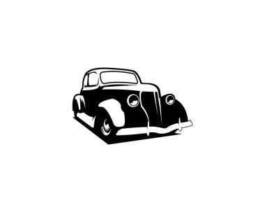 1932 model araba. Silüet tasarımı. Önden gösterilen izole beyaz arkaplan. Rozet, amblem, simge, çıkartma tasarımı için en iyisi. Klasik araba endüstrisi