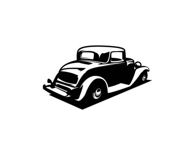 Eski 1932 'lerin Ford Caupe logosunun silueti yandan izole edilmiş beyaz arka plan görüntüsü. Rozetler, amblemler, simgeler ve klasik araba endüstrisi için en iyisi..
