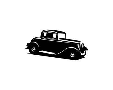 Eski 1932 'lerin Ford Caupe logosunun silueti yandan izole edilmiş beyaz arka plan görüntüsü. Rozetler, amblemler, simgeler ve klasik araba endüstrisi için en iyisi..