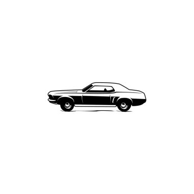 1969 Ford Mustang Grand Coupe arabası. Yan görüntü illüstrasyon vektör tasarımı. Logo, rozet, amblem, simge, etiket tasarımı için en iyisi. 10 Ocakta kullanılabilir