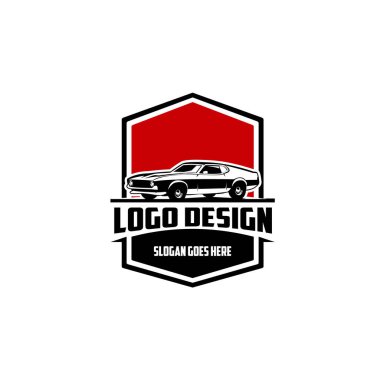 Güneş batımı manzaralı Mustang araba şirketi logosu. Kalın amblem logosu. İzole vektör logo şablonu kullanmaya hazır