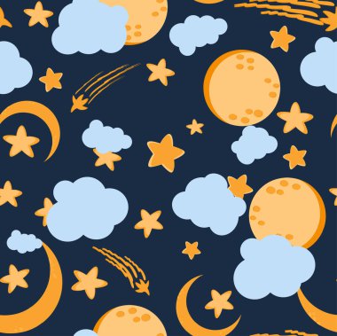 Cute character sleeping cloud. Dark blue sky and white cloud. Good night, little ones. Design for postcards, clothing, posters, fabric. Flat vector illustration. Doodle style.