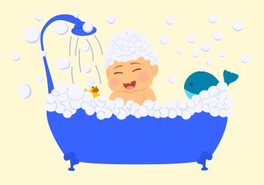 Banyoda bej bir küvet. Bej arka planda eski banyo ve sabun köpüğü köpükleri, illüstrasyon.