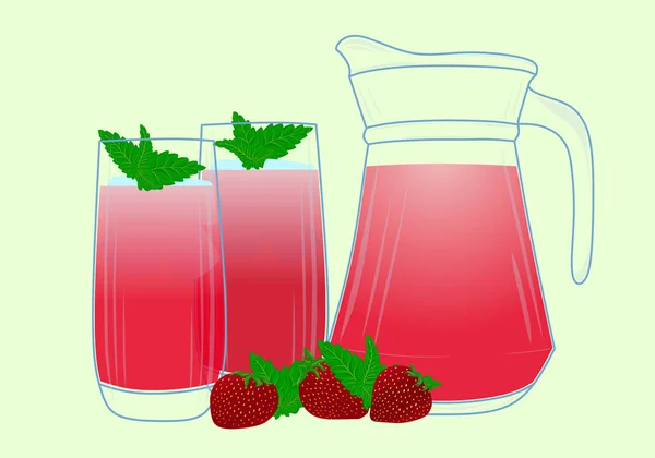 Strawberry Kompote Glasses Jug Glass Strawberry Tea Strawberry Compote Vector — Stock Vector