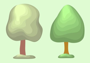 Ağaçların vektör simgeleri. Beyaz arka planda yeşil ağaçların toplanması. Tasarım elemanları. Çizgi film tarzında vektör illüstrasyonu.