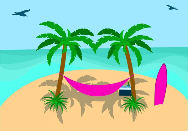 在沙滩上的吊床上 在月光下 在两棵棕榈树之间的吊床上休息 — 图库矢量图片