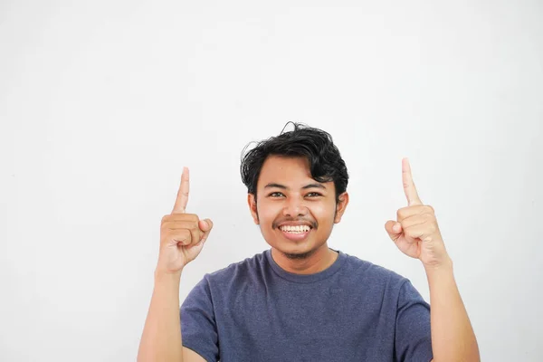Smiling Happy Handsome Young Asian Man His Finger Pointing Isolated — Stock Photo, Image