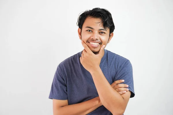 Handsome Asian Man Smiling Showing Happy Facial Expression While Holding — Stock Photo, Image