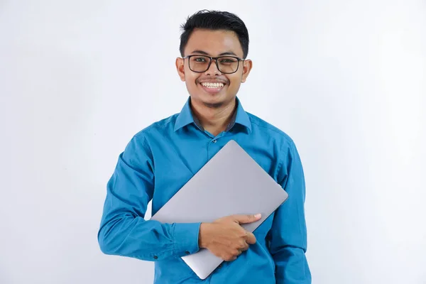 Smiling Happy Asian Businessman Glasses Holding Laptop Wearing Blue Shirt — Stock Photo, Image