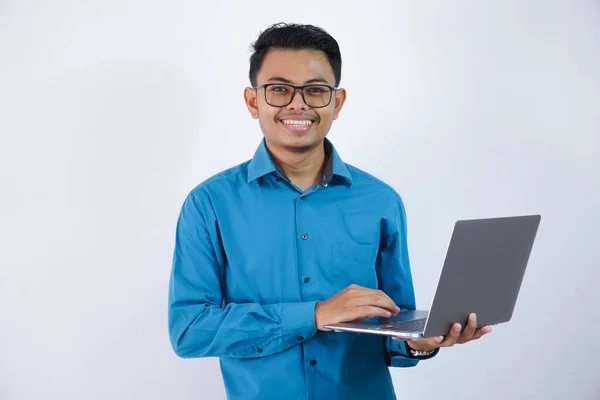 Smiling Happy Asian Businessman Glasses Holding Laptop Wearing Blue Shirt — Stock Photo, Image