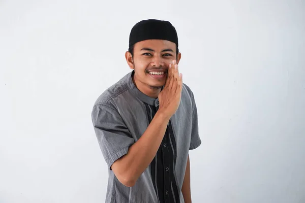 Young Asian Muslim Man Wearing Grey Muslim Cloth Hand Mouth — Stock Photo, Image