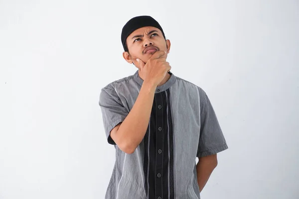 Thinking Young Asian Muslim Man Holding Chin Thinking Gesture Looking — Stock Photo, Image