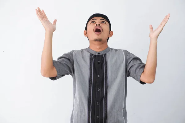 Young Asian Muslim Man Protecting Themselves Outstretched Hands Something Getting — Stock Photo, Image