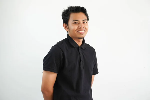 Mladý Asijský Muž Sobě Černé Polo Shirt Šťastný Usmívající Veselý — Stock fotografie