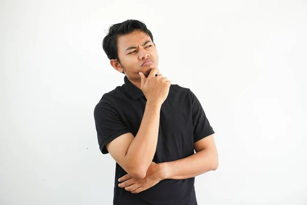 Denken Iets Idee Jonge Aziatische Man Hand Houden Kin Casual — Stockfoto