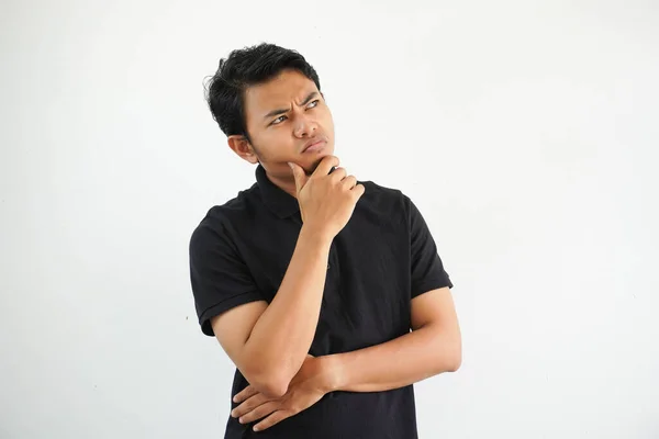 Denken Etwas Idee Junge Asiatische Mann Und Hand Hält Kinn — Stockfoto