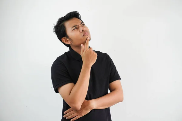 Denken Iets Idee Jonge Aziatische Man Hand Houden Kin Casual — Stockfoto