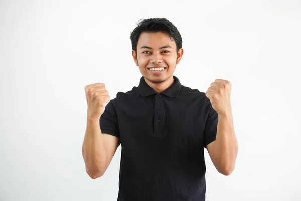Pria Asia Muda Yang Tersenyum Atau Bahagia Mengepalkan Tinjunya Bersorak — Stok Foto