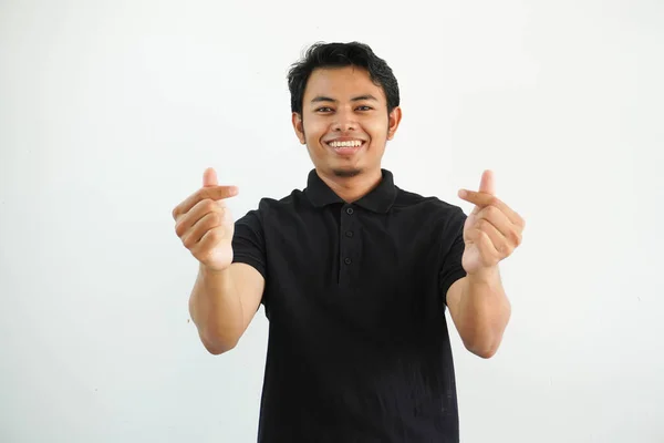 Usmívající Nebo Šťastný Asijský Muž Ukazuje Gesto Tvaru Srdce Ruce — Stock fotografie