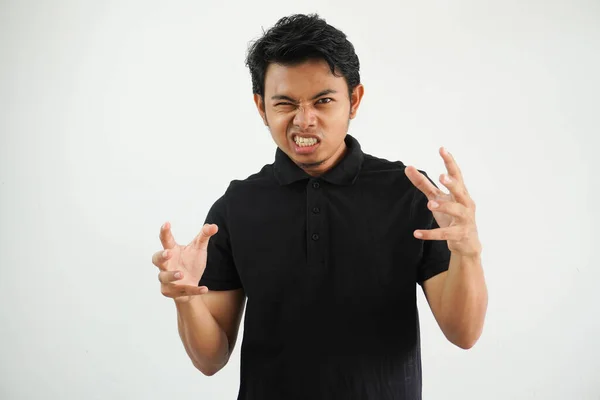 Portrait Marry Pensive Crazy Asian Young Man Screaming Wearing Black — Stok Foto