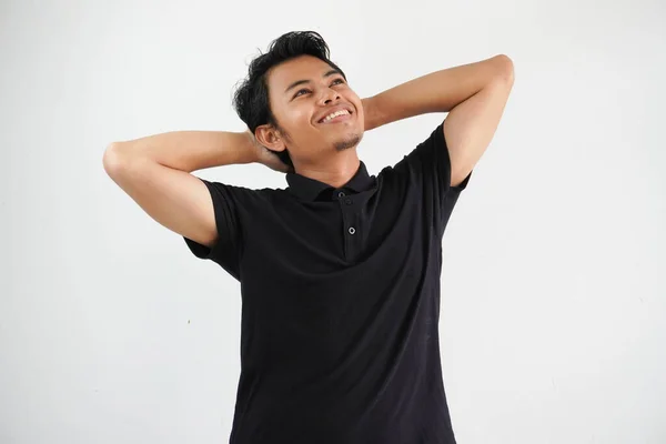 Giovane Uomo Asiatico Posa Uno Sfondo Bianco Braccia Tese Posizione — Foto Stock